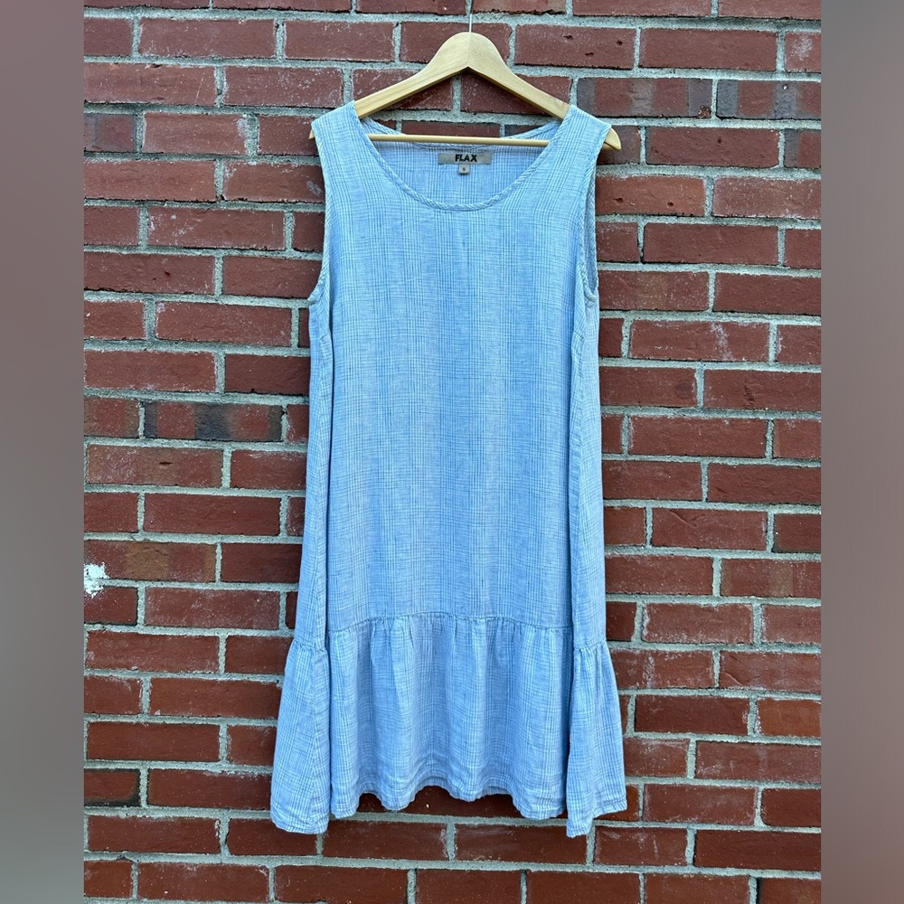 FLAX Linen Tunic Dress. Blue and white check. Size small.